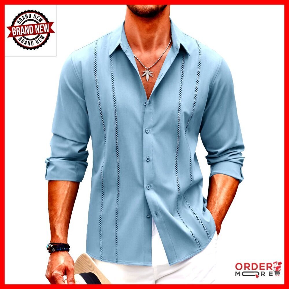 Men's Cuban Guayabera Shirt Long Sleeve Button Down Rayon Summer Beach